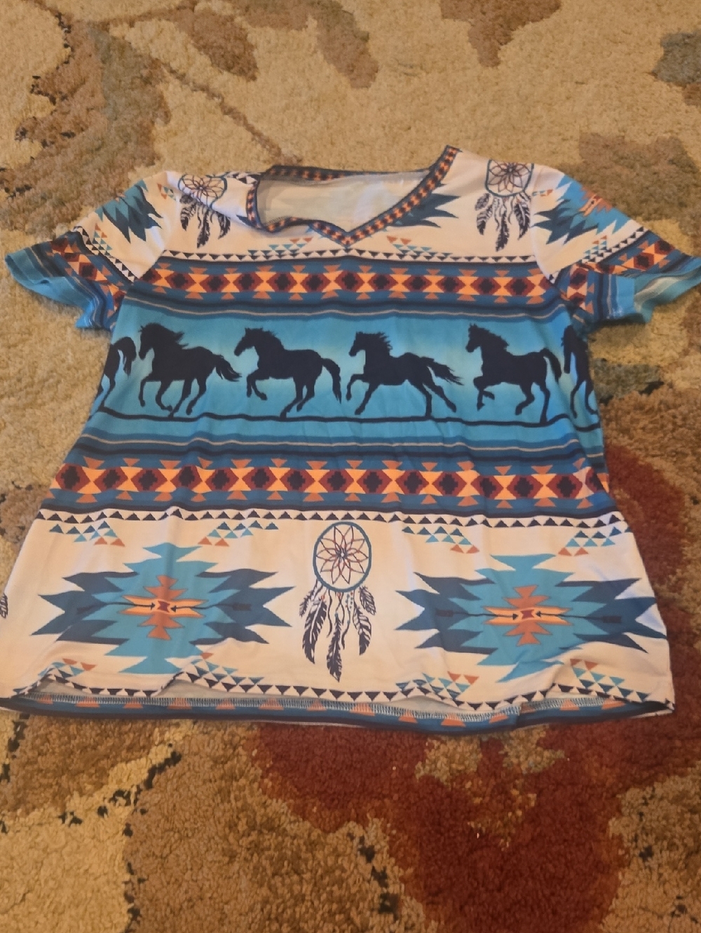 Turquoise Aztec & Horse Print V-Neck Top